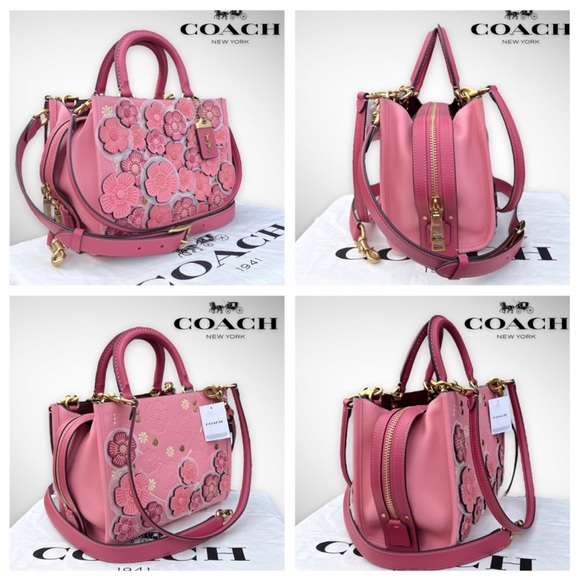 AUTHENTICATED NWT Coach Rogue 25 Colorblock w/ Tea Rose & Coach Tea Rose Studs - Picture 7 of 17